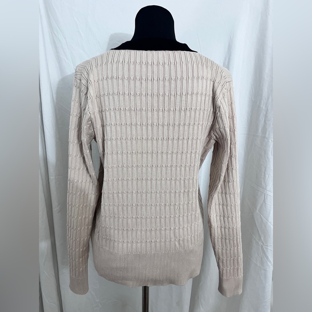 Adrianna Papell Beige Cardigan with Black Trim and Gold Buttons